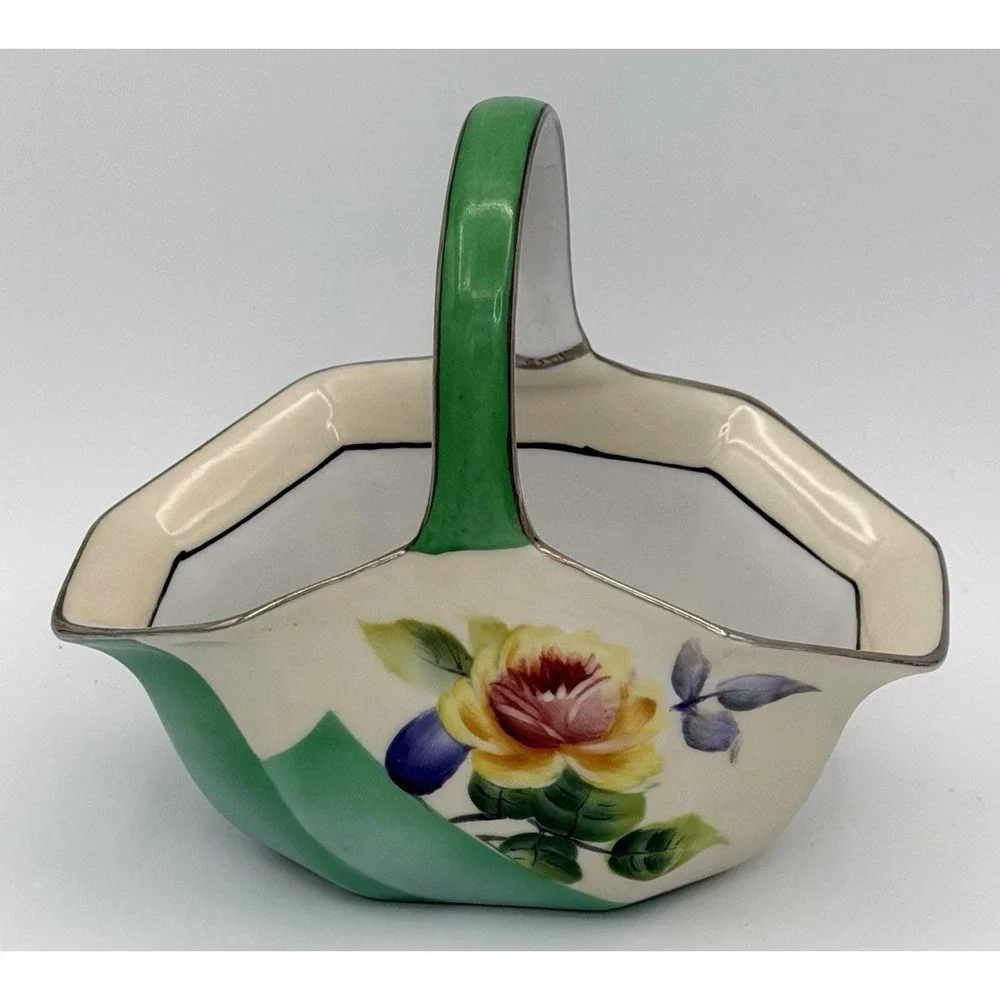 Noritake Trinket Basket Hand Painted Flower Gold Trim Art Deco Vintage EUC